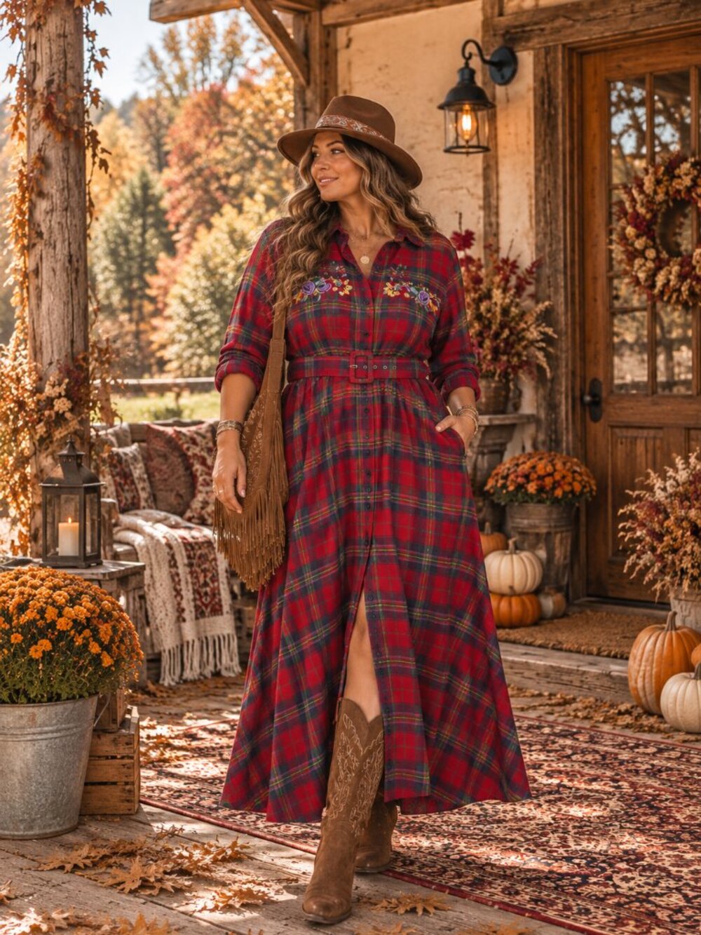 Vintage J.G. Hook Embroidered Plaid Shirt Dress